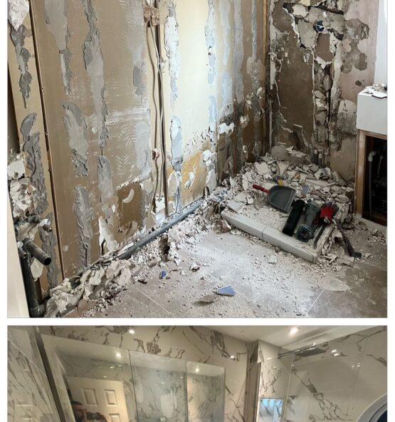 Bathroom renovation with exposed plumbing and pipework