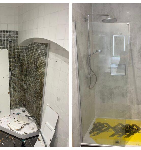 Bathroom shower enclosure and plumbing installation