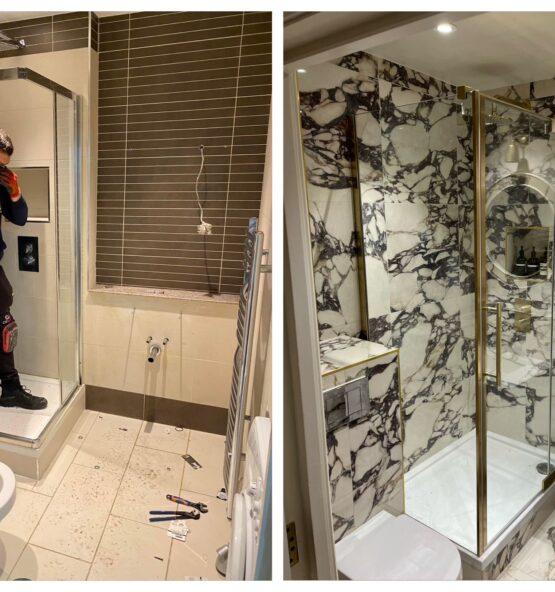 Bathroom renovation with bathtub and marble shower enclosure