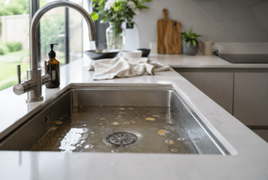 Blocked kitchen sink with standing water