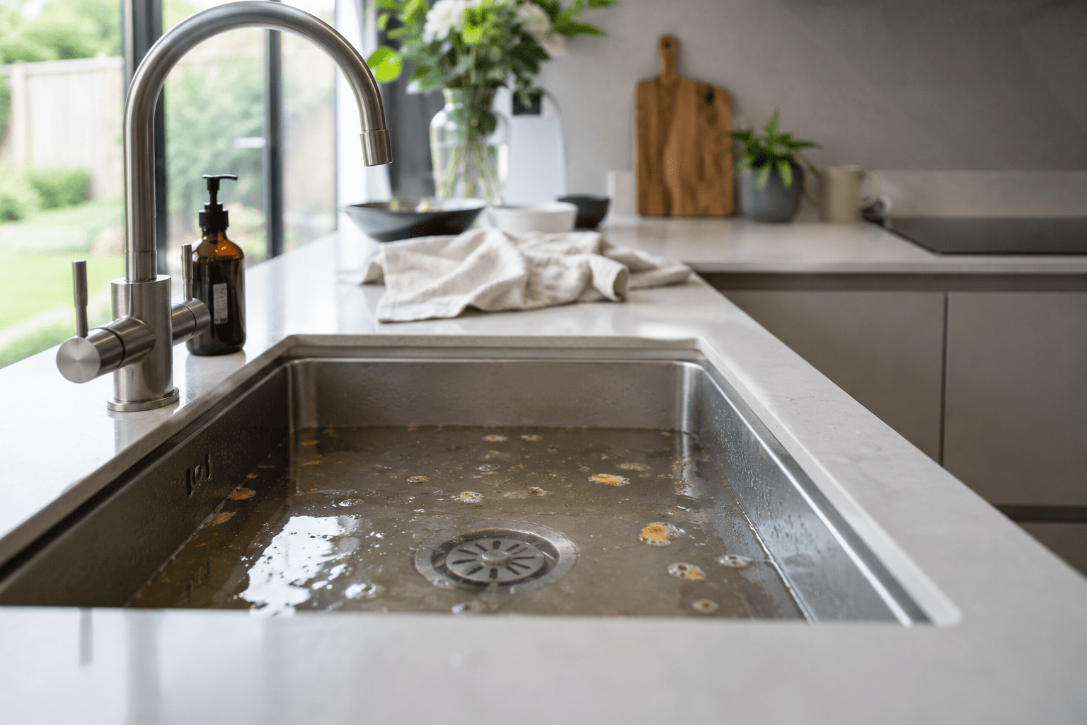 Blocked kitchen sink with standing water