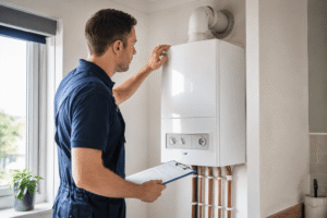 Gas engineer checking a boiler and flue during an inspection